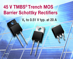 Vishay發(fā)布12個(gè)采用不同封裝的45VTMBS®TrenchMOS勢(shì)壘肖特基整流器